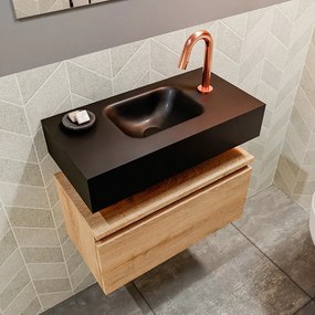 Mondiaz Andor toiletmeubel 60cm eiken met zwarte wastafel midden met kraangat