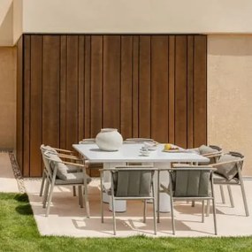 Set Van Een Vierkante Tafel Van 150x150 Cm Van Lissaboncement En 8 Yervin-tuinstoelen Van Aluminium En Boucléstof. Moka Bruine Bouclé Stof - Sklum