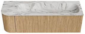 Mondiaz Kurve-dlux 145cm badmeubel ronding links oak met 1 lade en deur en wastafel big large rechts 2 kraangaten glace