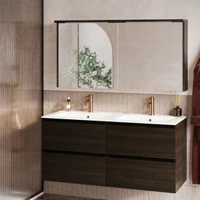 Fontana Rovigo badmeubel 120cm kasteel bruin met witte wastafel met kraangaten en spiegelkast met verlichting