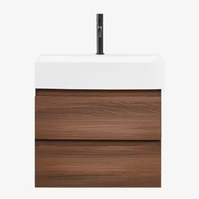 Badkamermeubelset Van Hout En Essenhoutfineer Met Geïntegreerde Wastafel Ona Donker Hout & Spiegelloze & Zwart ↑20 Cm Met - Sklum