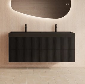 Gliss Design Hybris badmeubel met ribbelfront 140cm black veneer met zwarte wastafel met 2 kraangaten Lako