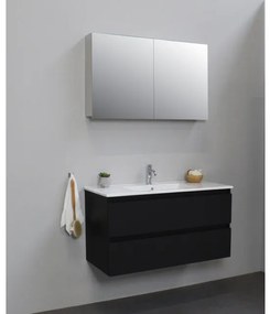 Basic Line Bella Badkamermeubelset - 100x55x46cm - 1 wasbak - Keramiek - Wit - 1 kraangat - Spiegelkast zonder verlichting - Melamine Zwart mat SWGA100MZP1SPK