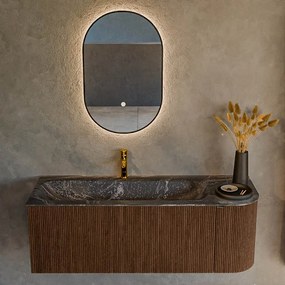 Mondiaz Kurve-dlux 125cm badmeubel ronding rechts walnut met 1 lade en deur en wastafel big medium kraangat links lava