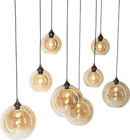 Smart hanglamp donkerbrons met amber glas ovaal 8-lichts incl. 8 Wifi G95 - Sandra