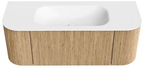 Mondiaz Kurve 120cm badmeubel ronding links/rechts oak met 1 lade en 2 deuren en wastafel big small midden 1 kraangat