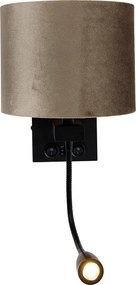 Wandlamp zwart met velours kap taupe 18cm - Brescia Combi
