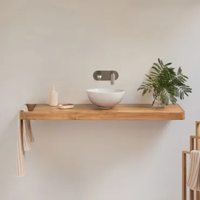 Conjunto Van Meubel 130x45 Cm Hangend In Teakhout Neill Teakhout & Rond Wit Keramiek Ø30 Cm Calgari & Spiegelloze & Geborsteld Grijs Ingebed - Sklum