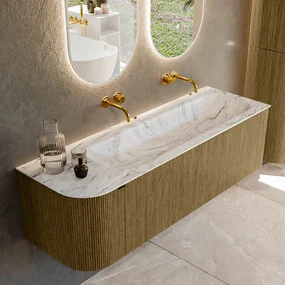 Mondiaz Kurve-dlux 145cm badmeubel ronding links dusk met 1 lade en deur en wastafel big large rechts zonder kraangat glace