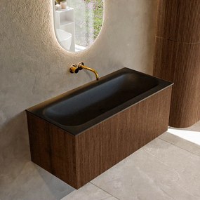 Mondiaz Kurve 100cm badmeubel walnut met 1 lade en wastafel big medium midden zonder kraangat urban