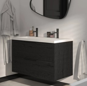 Saqu Lima badmeubel incl. mat witte wastafel met 2 kraangaten 100x52x64cm eiken zwart – mat zwarte greep
