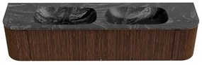 Mondiaz Kurve-dlux 190cm badmeubel ronding links/rechts walnut met 2 lades en deuren en wastafel stor small dubbel 2 kraangaten lava