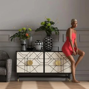 Kare Design Credenza Design Dressoir Zwart-wit Met Goud - 150x40x80cm.