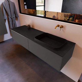 Mondiaz Erin 150cm badmeubel Dark Grey met 2 lades en zwarte wastafel rechts zonder kraangaten