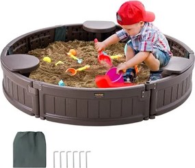 VEVOR Zandbak met deksel, ronde zandbak, HDPE zandbak met 3 hoekbanken en vloermat, kinderzandbak voor tuin, strand, voor jongens en meisjes van 3-12 jaar, bruin