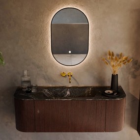 Mondiaz Kurve-dlux 130cm badmeubel ronding links/rechts ruby met 1 lade en 2 deuren en wastafel big small midden zonder kraangat lava