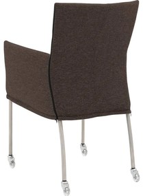 Goossens Eetkamerstoel Funk RVS Poten bruin stof met armleuning en met wielenTransparant skater wiel met rvs kap, modern design