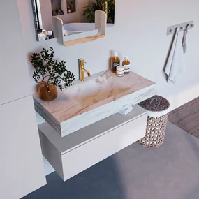 Mondiaz Alan DLux badmeubel 90cm cale 1 lade met wastafel frappe midden 1 kraangat