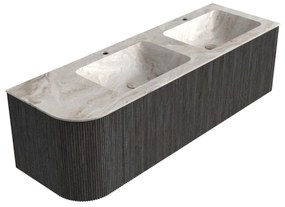 Mondiaz Kurve-dlux 145cm badmeubel ronding links shadow met 1 lade en deur en wastafel leaf dubbel/rechts 2 kraangaten frappe