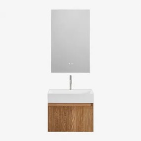 Conjunto Vaniteitmeubel Zwevend Van Hout Met Geïntegreerde Wastafel Aldeia Ash Brown & Rectangular Led And Antifog 55x90 Cm Riben & Geborsteld - Sklum