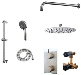 Mueller Ufo RVS thermostatische regendouche 20cm met wandarm en handdouche op glijstang