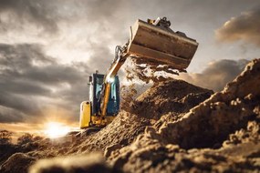 Ilustratie Excavator scooping dirt in front of a dramatic sky, photoschmidt