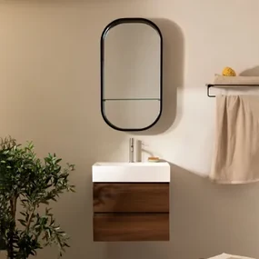 Badkamermeubelset Van Hout En Essenhoutfineer Met Geïntegreerde Wastafel Ona Donker Hout & Ovaal Met Plank Zwart 50x90 Cm Warien & Chroom - Sklum