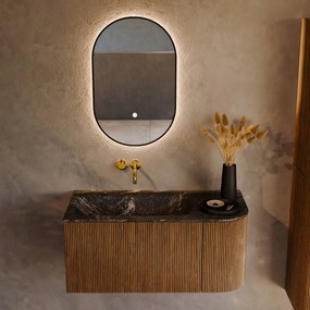 Mondiaz Kurve-dlux 95cm badmeubel ronding rechts dusk met 1 lade en deur en wastafel big small links zonder kraangat lava