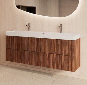 Gliss Design Hybris badmeubel met ribbelfront 140cm walnut met mat witte wastafel met 2 kraangaten Lako