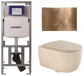 QeramiQ Dely Swirl Toiletset - 36.3x51.7cm - Geberit UP320 Burda inbouwreservoir - slim zitting - koperen bedieningsplaat - ronde knoppen - beige 0701131/SW706196/SW1000770/SW1026259