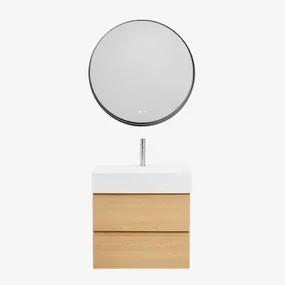 Badkamermeubelset Van Hout En Essenhoutfineer Met Geïntegreerde Wastafel Ona Natuurlijk Hout & Round Led And Antifog Zwart Ø80 Cm - Sklum