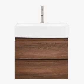 Badkamermeubelset Van Hout En Essenhoutfineer Met Geïntegreerde Wastafel Ona Donker Hout & Spiegelloze & Bruin - Mokka ↑20 Cm - Sklum
