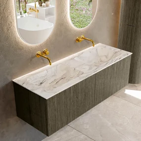 Mondiaz Kurve-dlux 130cm badmeubel shadow met 2 lades en wastafel leaf dubbel zonder kraangat glace