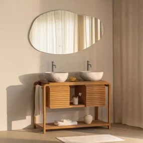 Bradley Teakhouten Badkamermeubelset 2 X Onregelmatige In Wit Cement ↔︎40 Cm Fedro & Oval Led And Antifog 140x75 Cm Jynox - Sklum