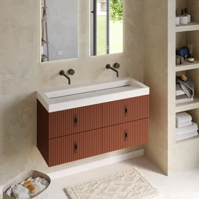 Muebles Estella badmeubel ribbelfront 120cm terracotta met solid surface wastafel zonder kraangaten