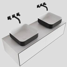 Zaro Lagom volledig naadloos solid surface onderkast met topblad 120cm mat zwart met 2 lades Push tot open. Compleet met solid surface opzetkom met 0 kraangat(en)