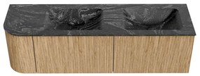 Mondiaz Kurve-dlux 155cm badmeubel ronding links oak met 2 lades en 1 deur en wastafel leaf dubbel/rechts zonder kraangat lava