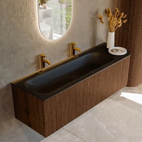 Mondiaz Kurve 145cm badmeubel ronding rechts walnut met 1 lade en deur en wastafel big large links 2 kraangaten urban