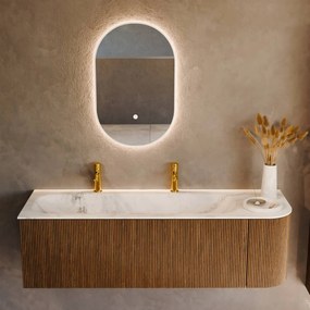 Mondiaz Kurve-dlux 145cm badmeubel ronding rechts dusk met 1 lade en deur en wastafel big large links 2 kraangaten opalo