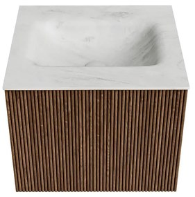 Mondiaz Kurve-dlux 50cm badmeubel walnut met 1 lade en wastafel grunne midden zonder kraangat opalo