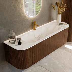 Mondiaz Kurve-dlux 150cm badmeubel ronding links/rechts walnut met 1 lade en 2 deuren en wastafel big medium midden 1 kraangat frappe