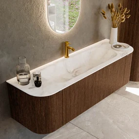 Mondiaz Kurve-dlux 150cm badmeubel ronding links/rechts walnut met 1 lade en 2 deuren en wastafel big medium midden 1 kraangat frappe