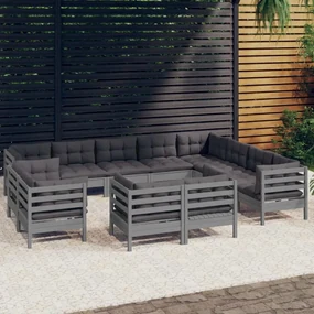 vidaXL 12-delige Loungeset met kussens massief grenenhout grijs