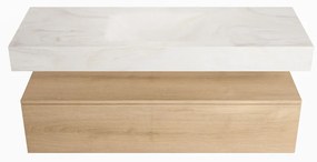 Mondiaz Alan DLux badmeubel 130cm washed oak 1 lade met wastafel ostra midden zonder kraangat