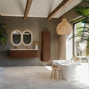 Mondiaz Kurve-dlux 145cm badmeubel ronding rechts walnut met 1 lade en deur en wastafel big large links 2 kraangaten opalo