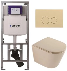 QeramiQ Dely Toiletset - 36.3x51.7cm - diepspoel - rimless - Geberit UP320 inbouwreservoir - softclose toilet zitting - bedieningsplaat beige - ronde knoppen - mat beige SW1000764/SW1000770/0701131/SW1102365