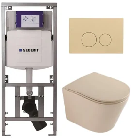 QeramiQ Dely Toiletset - 36.3x51.7cm - diepspoel - rimless - Geberit UP320 inbouwreservoir - softclose toilet zitting - bedieningsplaat beige - ronde knoppen - mat beige SW1000764/SW1000770/0701131/SW1102365