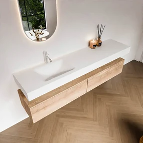 Zaro Alan badmeubel 190cm washed oak 2 lades met vrijhangende wastafel cloud links 1 kraangat talc