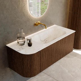 Mondiaz Kurve-dlux 115cm badmeubel ronding links walnut met 1 lade en deur en wastafel big small rechts zonder kraangat frappe
