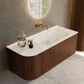 Mondiaz Kurve-dlux 115cm badmeubel ronding links walnut met 1 lade en deur en wastafel big small rechts zonder kraangat frappe